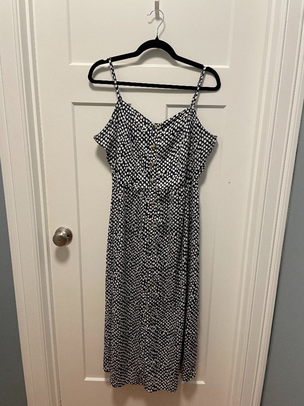 LASCANA Navy Ivory Polka Dot Button Up Panel Midi Dress Linen Blend Size 12 US